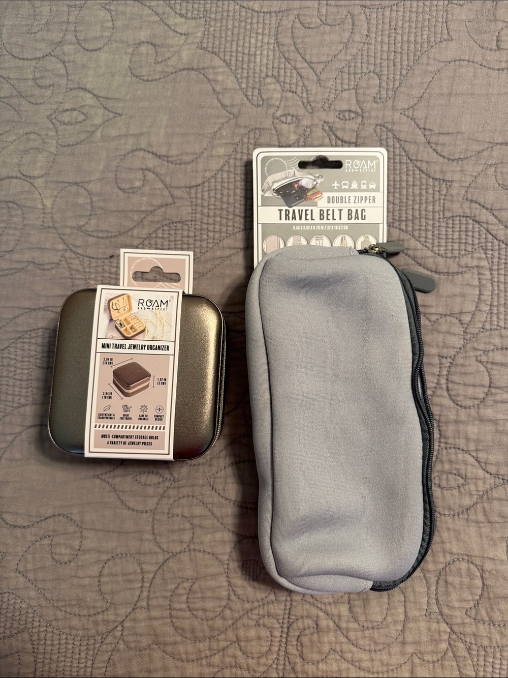 ROAM Light Gray Travel Belt Bag & Metallic Gray Mini Jewelry Organizer